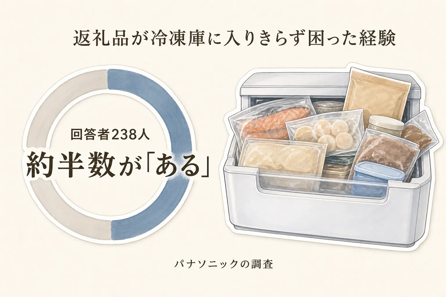 ふるさと納税の返礼品が冷凍庫に入りきらず困った経験について、回答者238人の約半数が「ある」と答えたパナソニックの調査結果