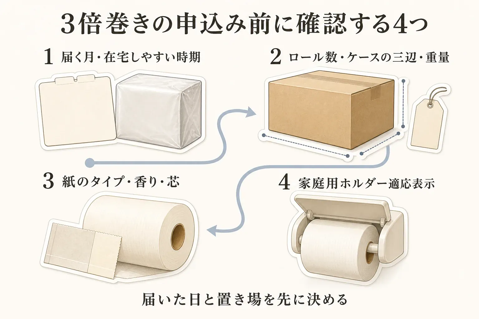 3倍巻きトイレットペーパーの申込み前に確認する4項目。届く月と在宅しやすい時期、ロール数・ケースの三辺・重量、紙のタイプ・香り・芯、家庭用ホルダー適応表示を順に示し、届く日と置き場を先に決める図