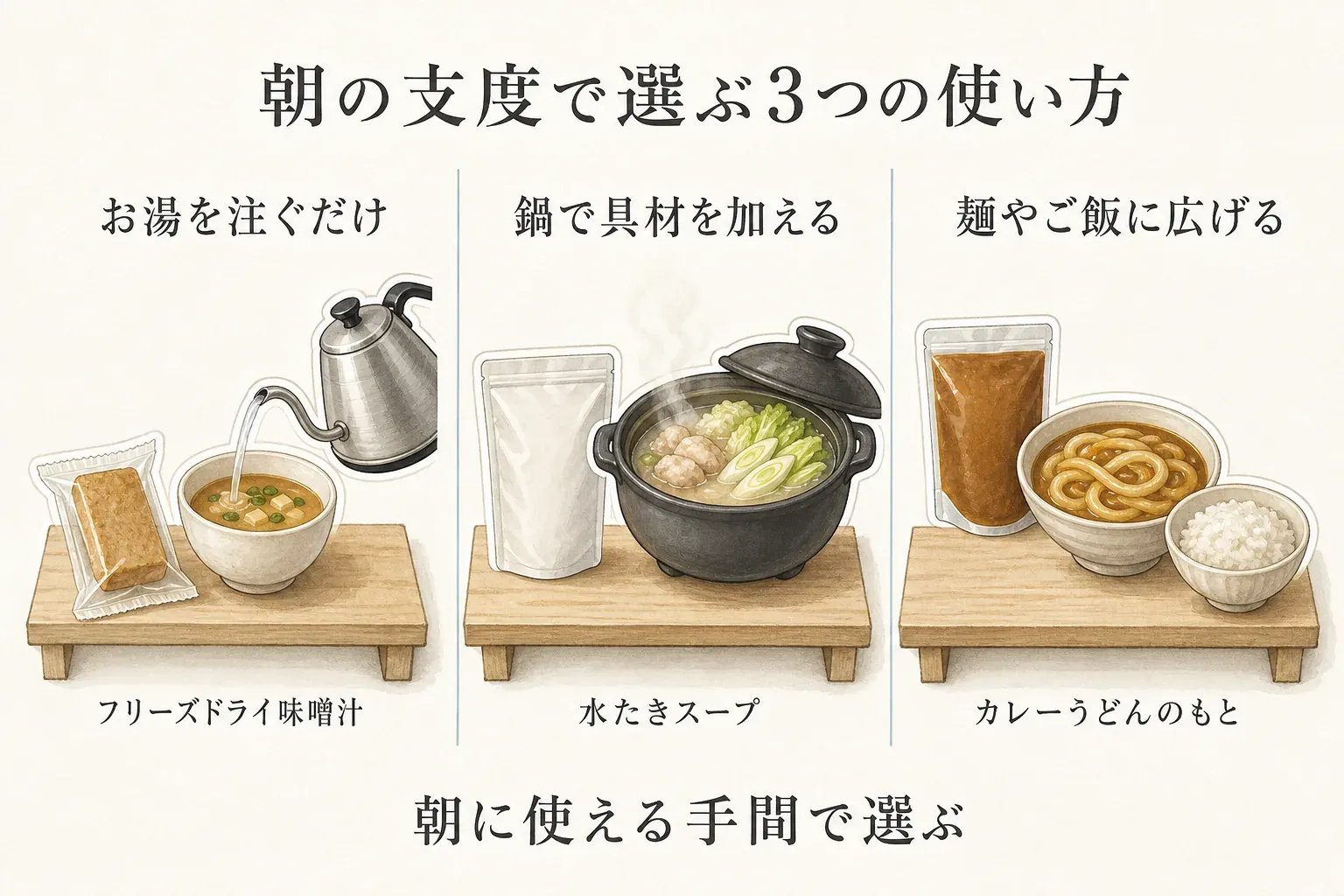 朝の支度に合わせた3つの使い方を示す図。フリーズドライ味噌汁はお湯を注ぐだけ、水たきスープは鍋で具材を加え、カレーうどんのもとは麺やご飯に広げて使う