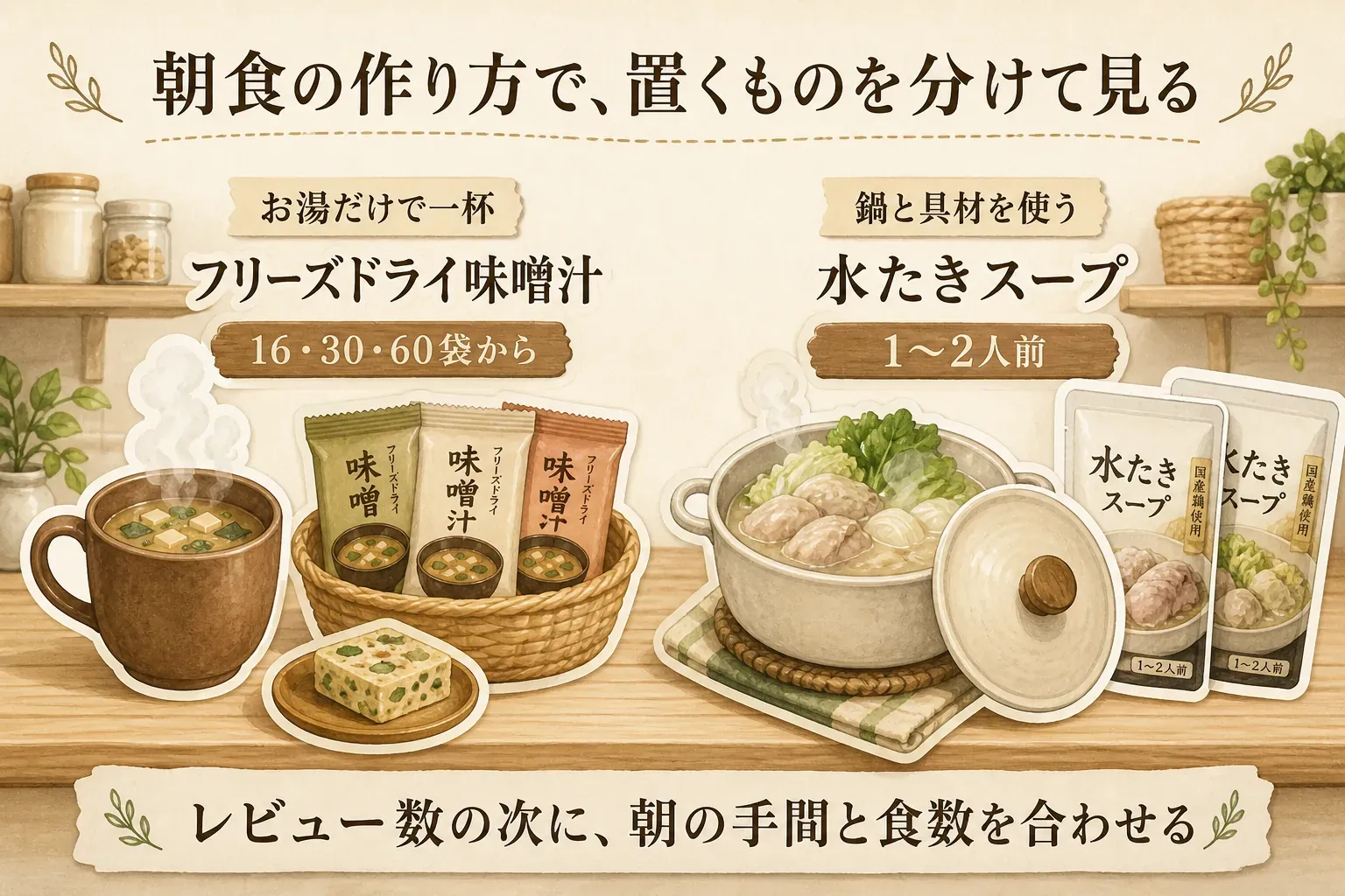 朝食の作り方で置くものを分けて見る図。フリーズドライ味噌汁はお湯だけで一杯を作り16・30・60袋から選べ、水たきスープは鍋と具材を使う1〜2人前で、レビュー数の次に朝の手間と食数を合わせることを示している