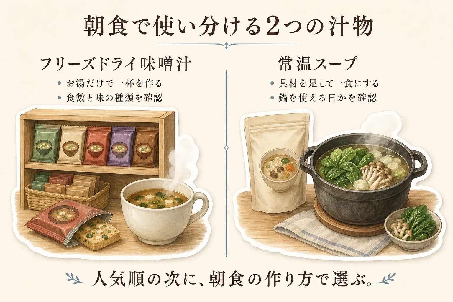 朝食での汁物の使い分けを示す図。フリーズドライ味噌汁はお湯だけで一杯を作り食数と味の種類を確認し、常温スープは具材を足して一食にし鍋を使える日かを確認する