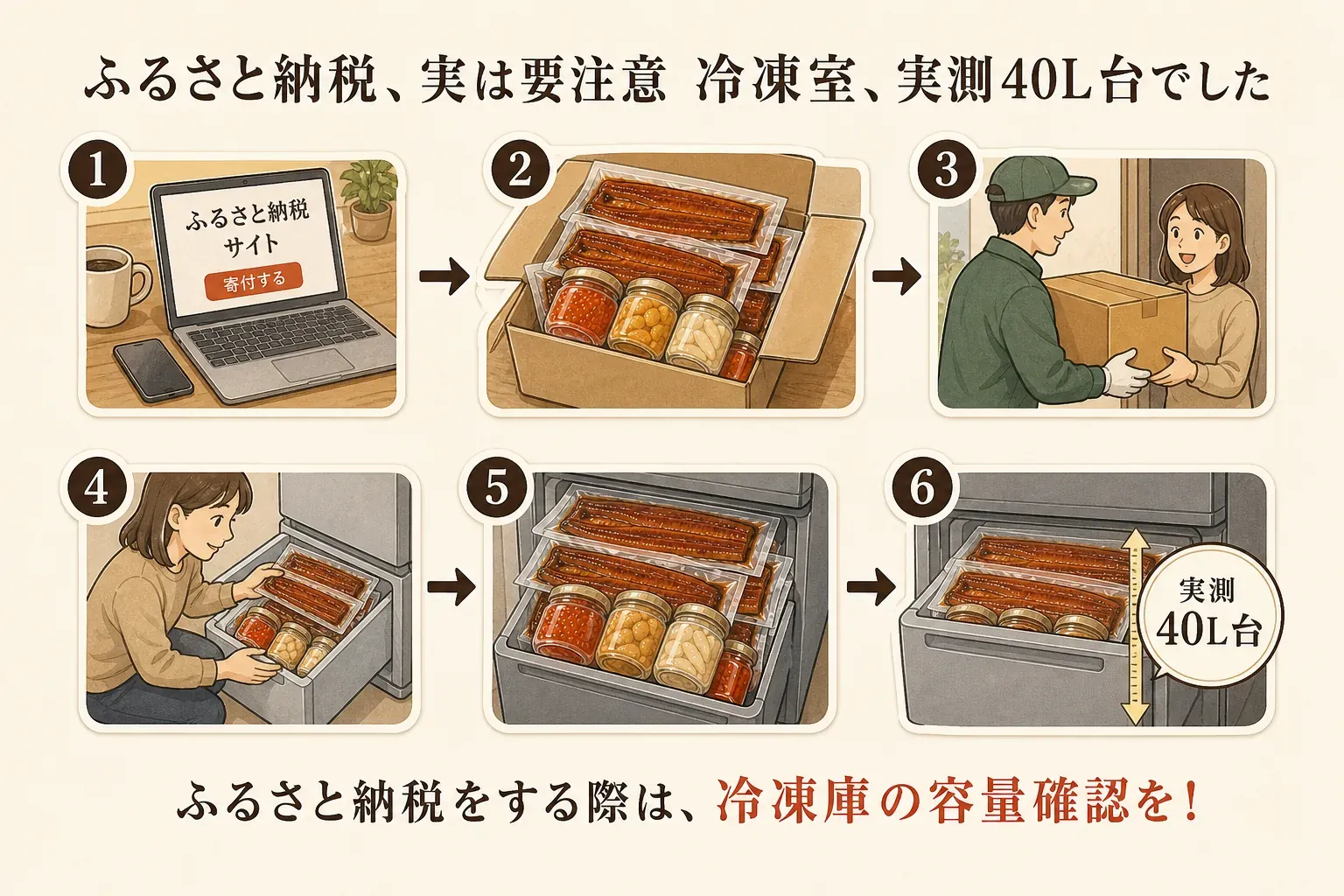 ふるさと納税の寄付から返礼品を受け取り、冷凍室に収納する流れを6コマで示す図。冷凍室の実測容量が40L台であることを強調している