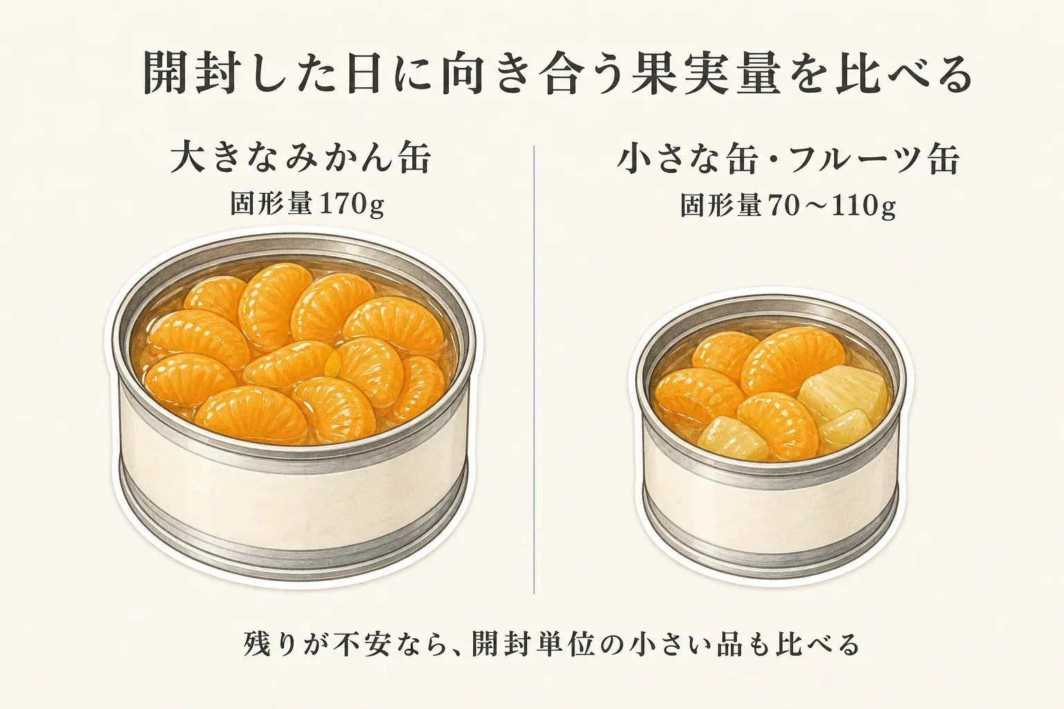 開封した日に向き合う果実量の比較図。大きなみかん缶は固形量170g、小さな缶・フルーツ缶は固形量70〜110gで、残りが不安なら開封単位の小さい品も比べる
