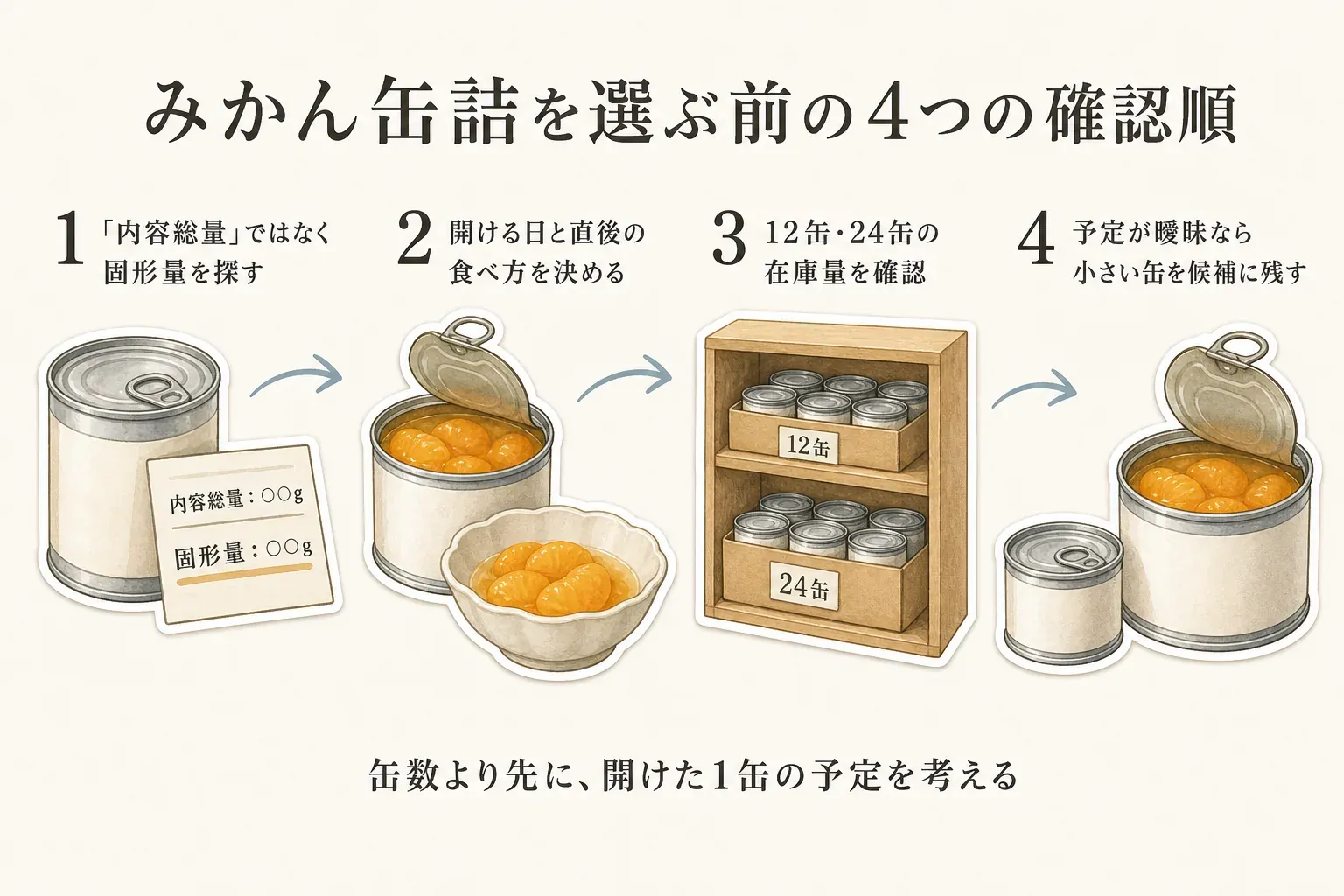 みかん缶詰を選ぶ前の4つの確認順。内容総量ではなく固形量を探し、開ける日と直後の食べ方を決め、12缶・24缶の在庫量を確認し、予定が曖昧なら小さい缶を候補に残す。缶数より先に、開けた1缶の予定を考える