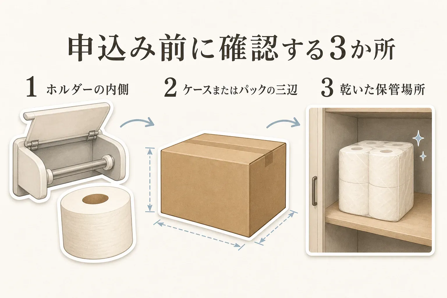 3倍巻きトイレットペーパーを申し込む前の確認箇所。ホルダーの内側でロールが収まるかを確認し、届くケースまたはパックの三辺を測り、乾いた棚などの保管場所を確保する