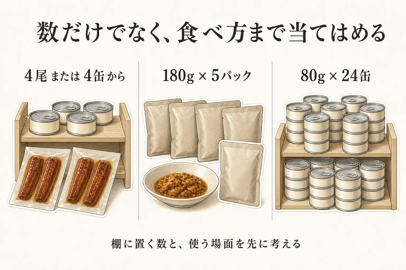 常温返礼品の量と使い方の比較図。いかめし4尾またはコンビーフ4缶から選べる少量セット、和牛ミートソース180g×5パック、ツナ缶80g×24缶を並べ、棚に置く数と使う場面を先に考えることを示す
