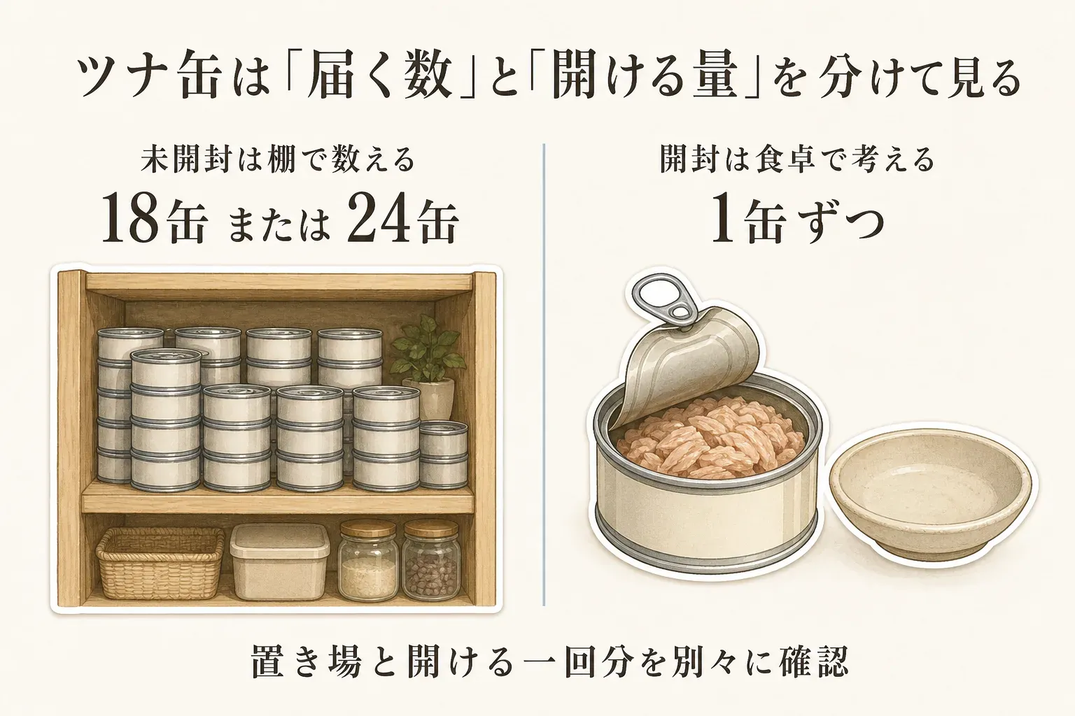 ツナ缶は届く数と開ける量を分けて見る図。未開封の18缶または24缶は棚で数え、開封する1缶ずつは食卓で考え、置き場と一回分を別々に確認する