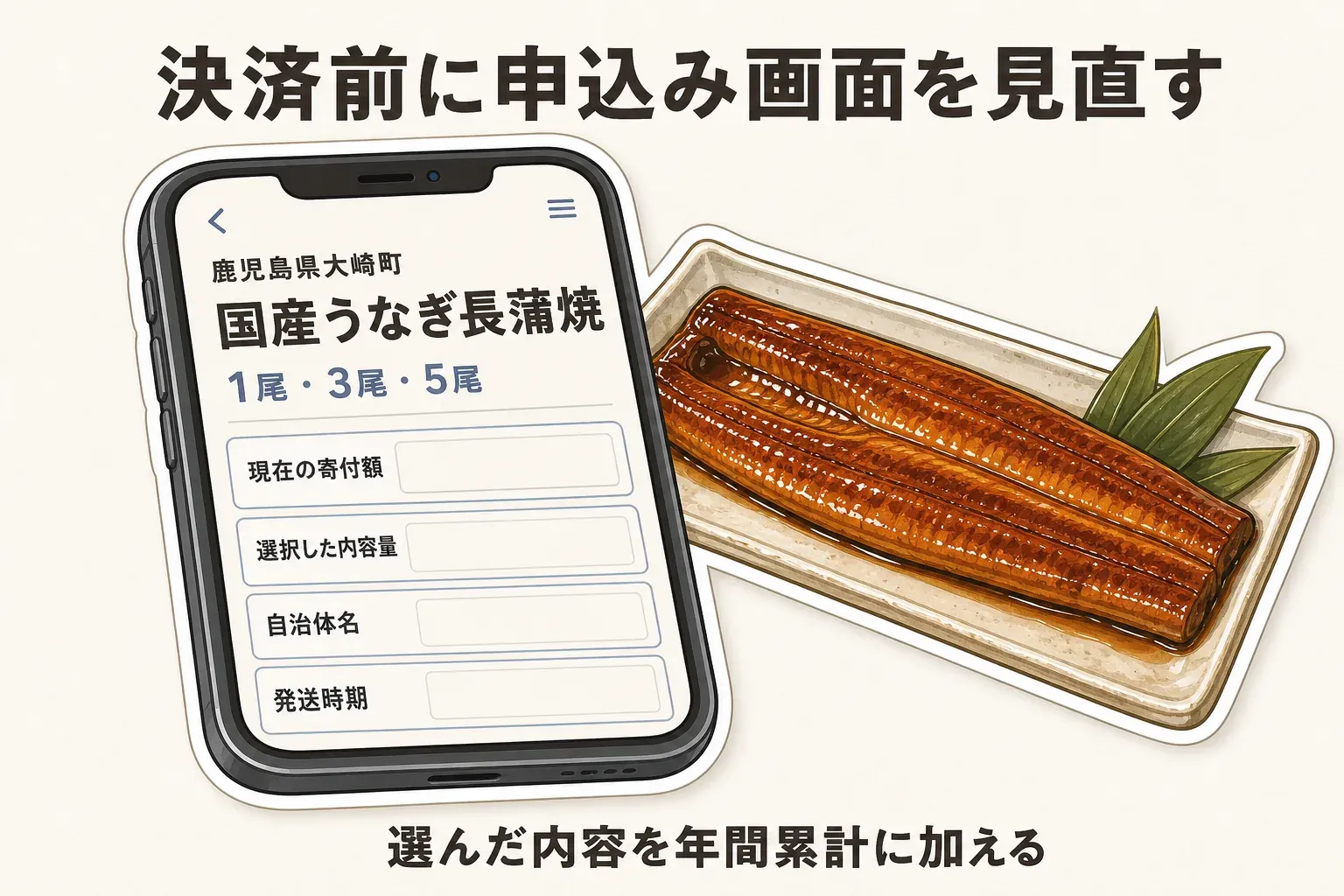 国産うなぎ長蒲焼の申込み画面を例に、決済前に現在の寄付額、選択した内容量、自治体名、発送時期を確認し、選んだ内容を年間累計に加える流れを示した図