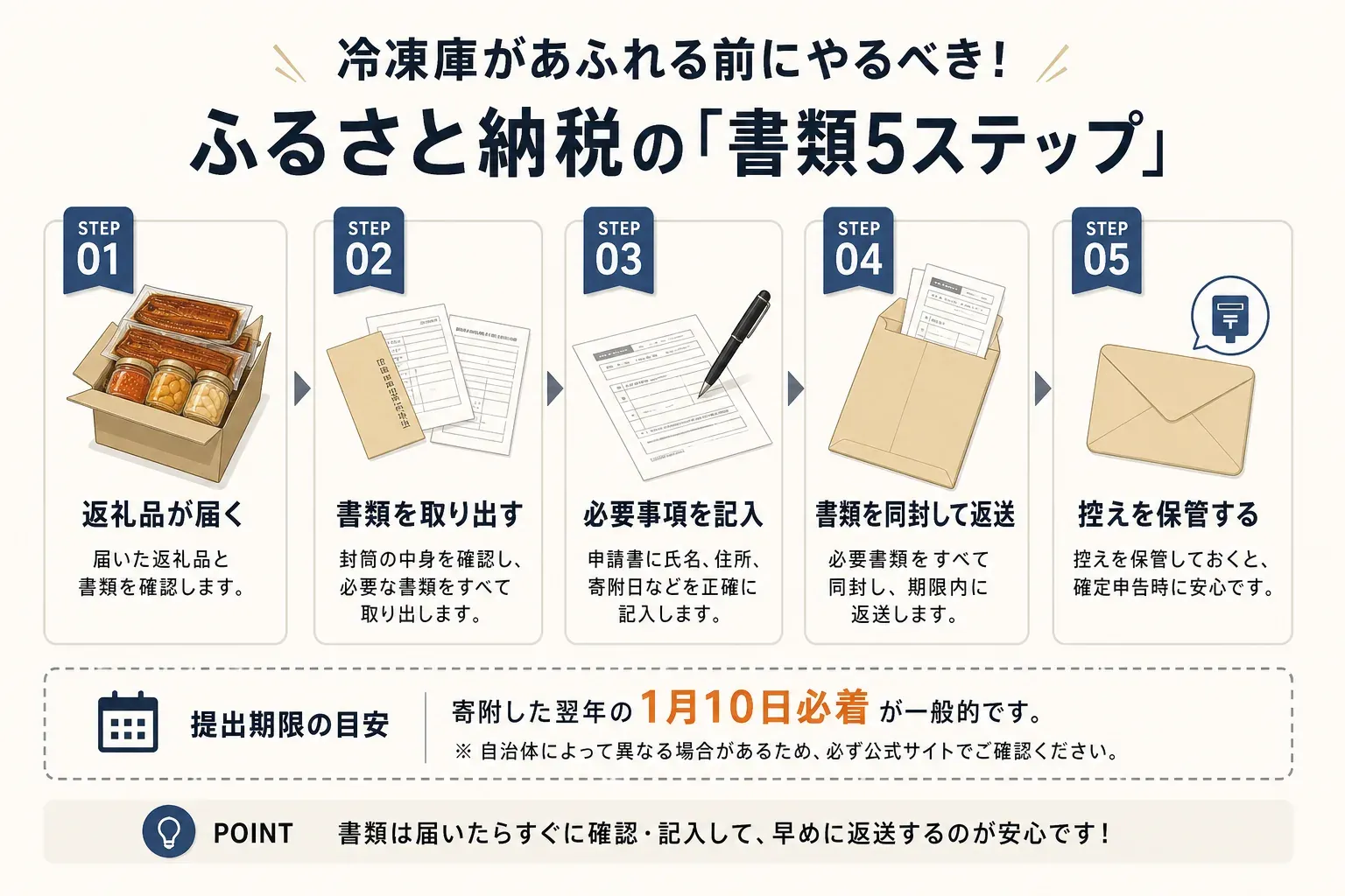確定申告ではワンストップ特例を申請済みの寄付も含め、その年のふるさと納税をすべて申告することを示す図。楽天などの各サイトと自治体へ直接寄付した分を一覧に集め、寄付日・自治体名・寄付額を記録し、証明書と申告画面の合計を照合する流れ