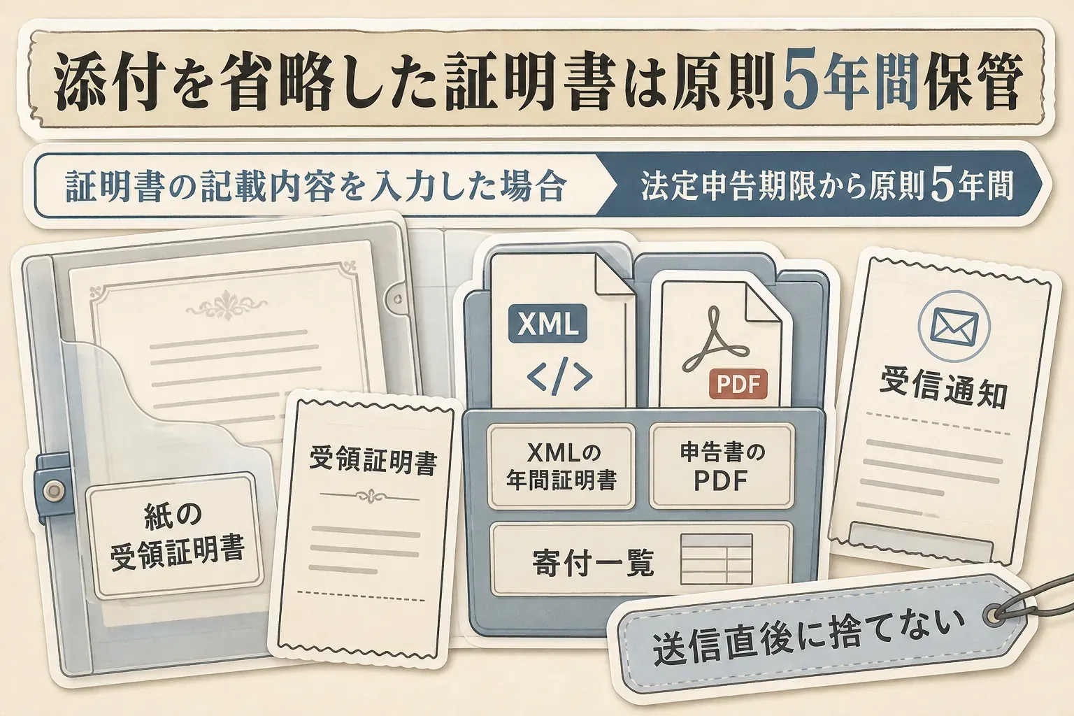 e-Taxで証明書の記載内容を入力して添付を省略した場合、法定申告期限から原則5年間、元の寄附金受領証明書や寄附金控除に関する証明書を保管することを示す図。紙の受領証明書、XMLの年間証明書、e-Tax送信データ、申込み履歴を年別にまとめて残す