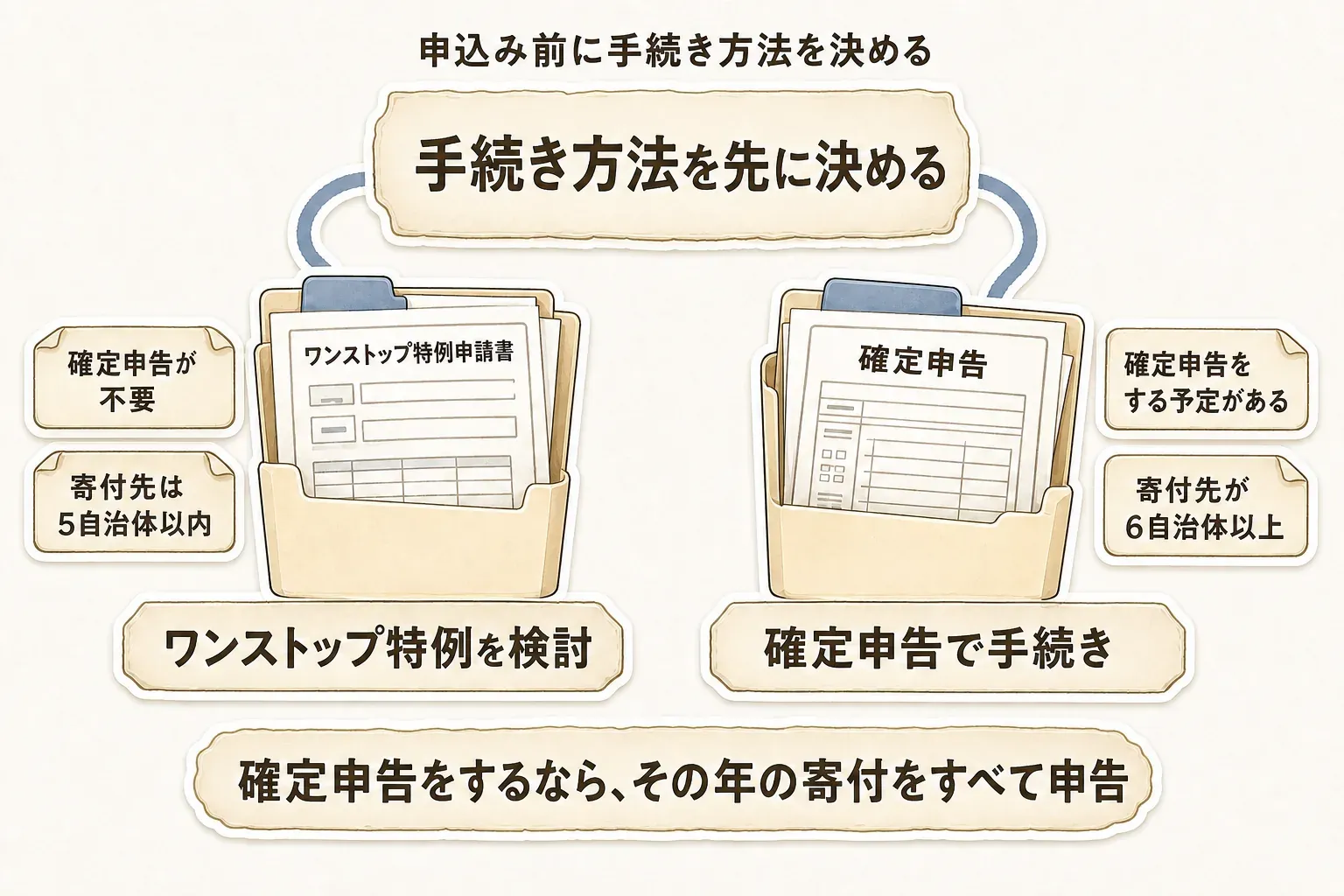 ふるさと納税の手続き方法の選び方。確定申告が必要な人、寄付先が6自治体以上の人は確定申告を選び、確定申告が不要で寄付先が5自治体以内の人はワンストップ特例を検討する流れを示す図