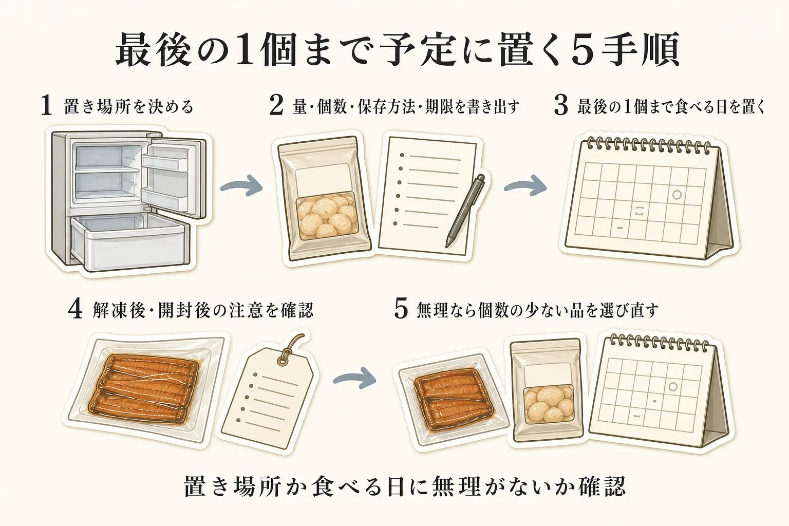 返礼品を最後の1個まで食べる予定に置く5手順。置き場所を決め、量・個数・保存方法・期限を書き出し、最後の1個まで食べる日をカレンダーに置き、解凍後・開封後の注意を確認し、無理なら個数の少ない品を選び直す流れを示す図