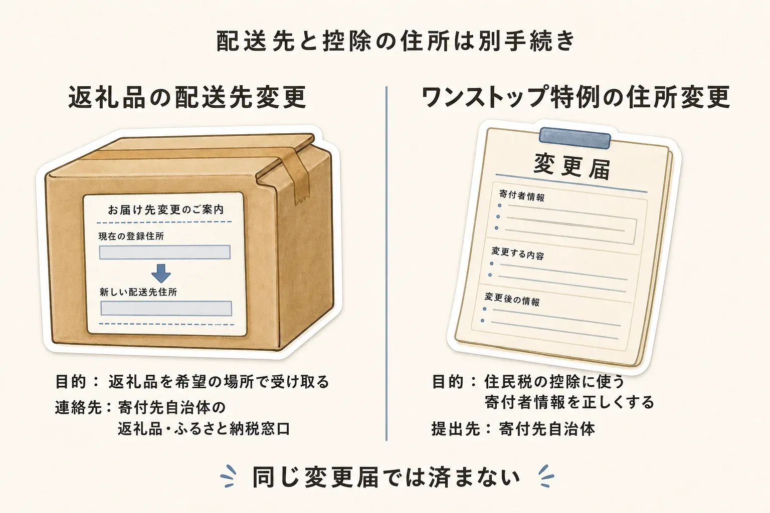 引っ越し後の住所変更を二つに分けた図。返礼品の配送先変更は希望の場所で受け取るため寄付先自治体の返礼品・ふるさと納税窓口へ連絡し、ワンストップ特例の住所変更は住民税の控除に使う寄付者情報を正しくするため寄付先自治体へ変更届を提出する。同じ変更届では済まないことを示す