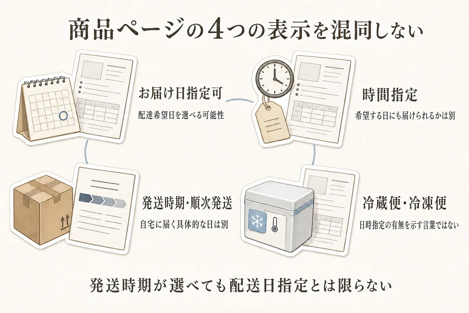 商品ページの4つの配送表示の違い。お届け日指定可は配達希望日を選べる可能性、時間指定は希望日に届けられるかは別、発送時期・順次発送は自宅に届く具体的な日は別、冷蔵便・冷凍便は日時指定の有無を示す言葉ではないことを示す図