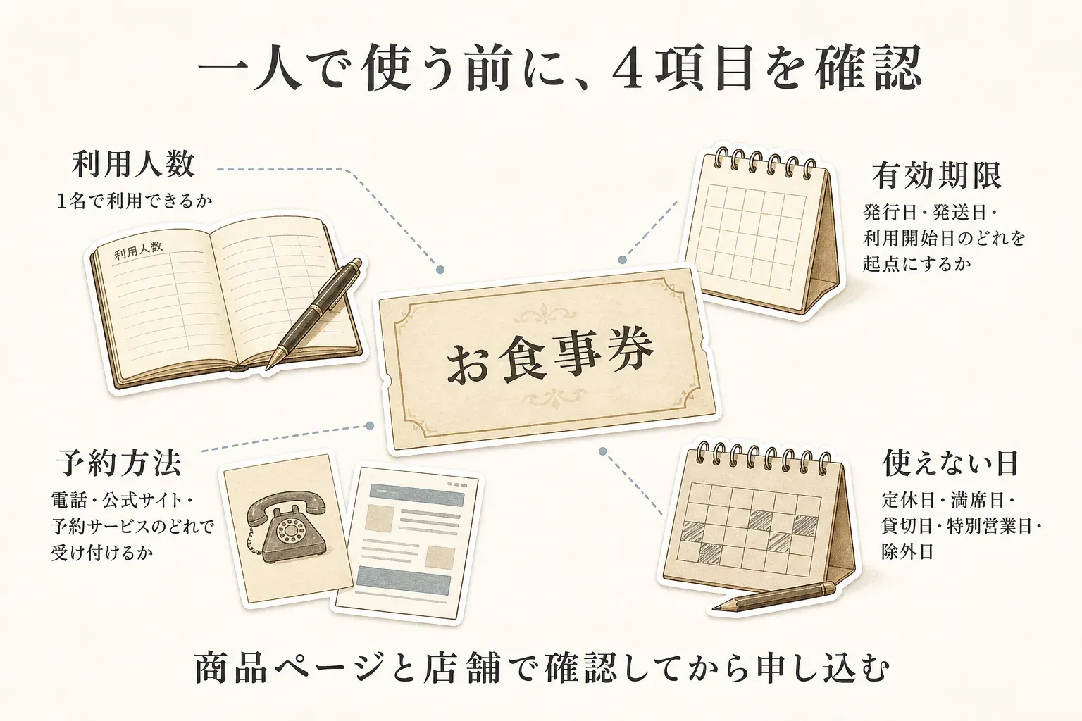 ふるさと納税の食事券を一人で使う前に確認する4項目。1名で利用できるかという利用人数、有効期限の起点が発行日・発送日・利用開始日のどれか、電話・公式サイト・予約サービスのどれで受け付けるかという予約方法、定休日・満席日・貸切日・特別営業日・除外日という使えない日を、商品ページと店舗で確認してから申し込むことを示す図