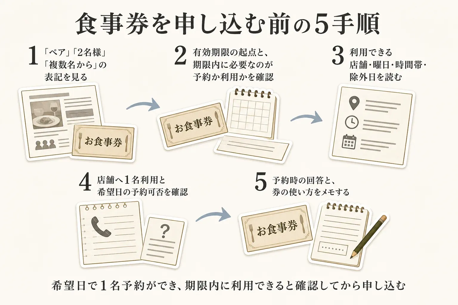 ふるさと納税の食事券を申し込む前の5手順。商品ページで「ペア」「2名様」「複数名から」の表記を確認し、有効期限の起点と期限内に必要なのが予約か利用かを確認する。次に利用できる店舗・曜日・時間帯・除外日を読み、店舗へ1名利用と希望日の予約可否を確認し、予約時の回答と券の使い方をメモする。希望日に1名予約でき、期限内に利用できると確認してから申し込むことを示す図