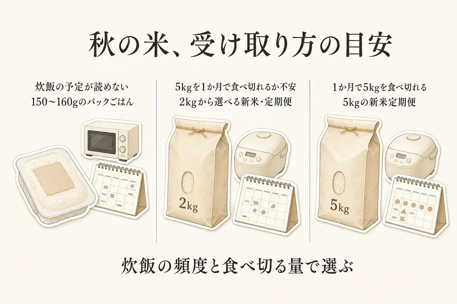 秋の米の受け取り方の目安。炊飯の予定が読めない場合は150〜160gのパックごはん、5kgを1か月で食べ切れるか不安な場合は2kgから選べる新米・定期便、1か月で5kgを食べ切れる場合は5kgの新米定期便を選び、炊飯の頻度と食べ切る量で選ぶことを示す図