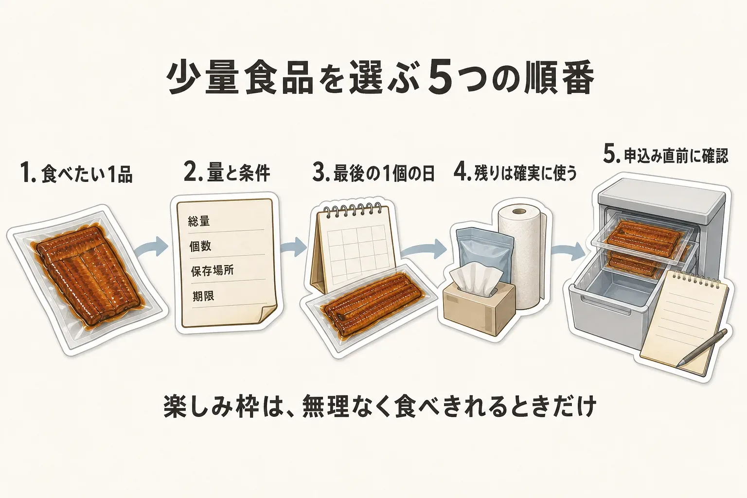 少量食品を選ぶ5つの順番。食べたい1品を選び、総量・個数・保存場所・期限を確認し、最後の1個を食べる日を決め、残りの寄付分では確実に使う返礼品を選び、申込み直前に冷凍庫の空きと予定を確認する。楽しみ枠は無理なく食べきれるときだけ使う