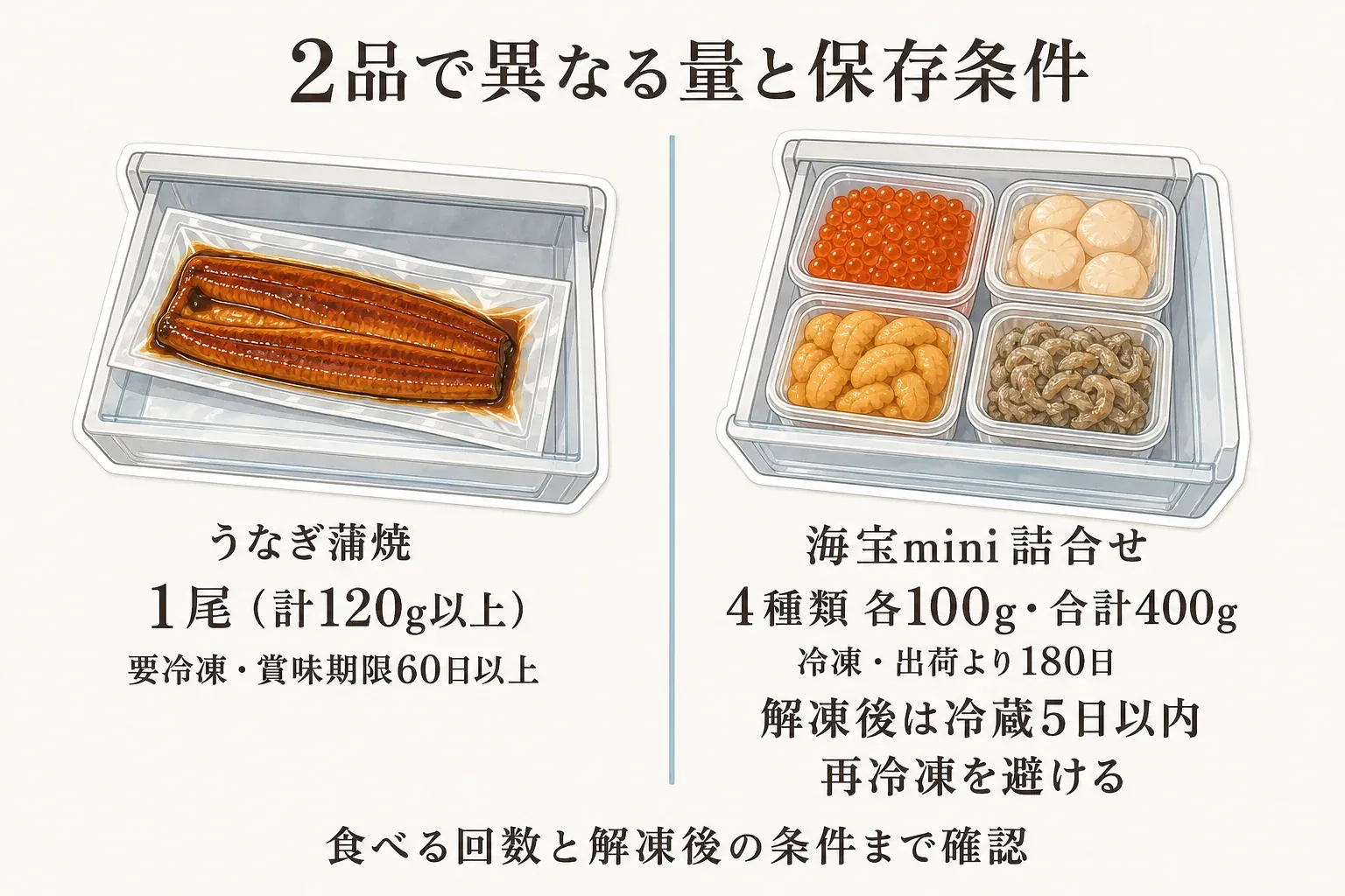 2品で異なる量と保存条件の比較図。うなぎ蒲焼は1尾・計120g以上、要冷凍、賞味期限60日以上。海宝mini詰合せは4種類が各100gで合計400g、冷凍で出荷より180日、解凍後は冷蔵5日以内に食べ、再冷凍を避ける。食べる回数と解凍後の条件まで確認する