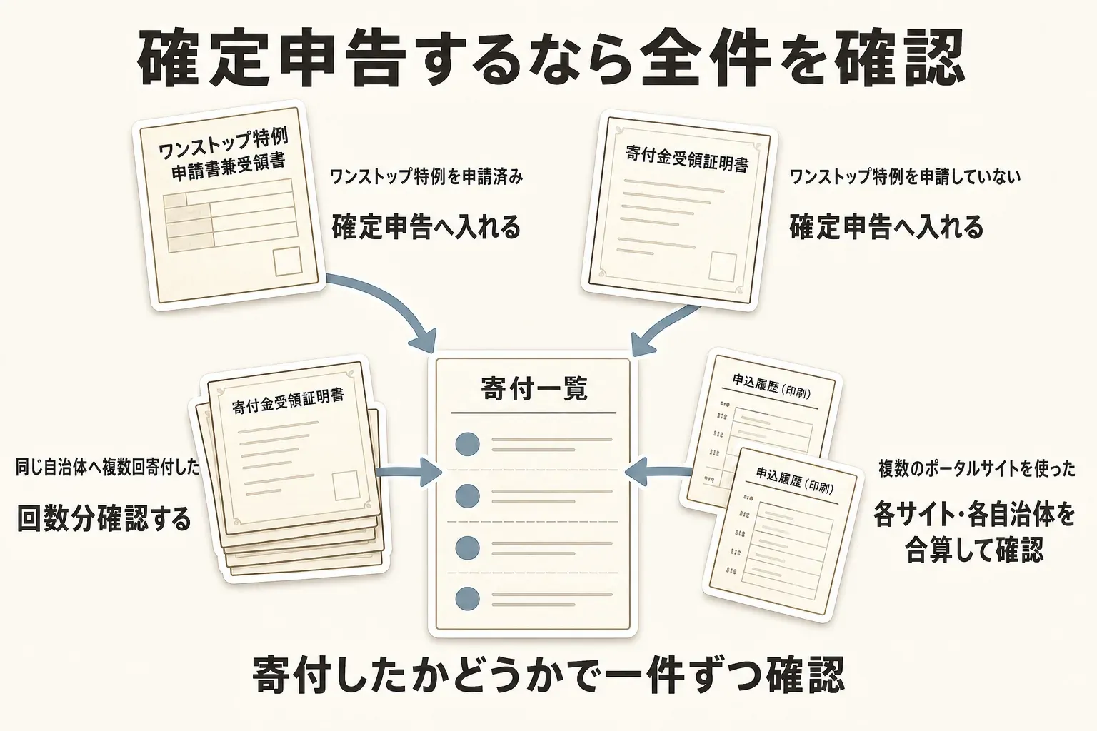 確定申告をする場合は、ワンストップ特例を申請済みの寄付も未申請の寄付もすべて申告に入れることを示す図。同じ自治体への複数回の寄付は回数分を確認し、複数のポータルサイトを使った場合は各サイト・各自治体の寄付を合算して、寄付一覧で一件ずつ照合する