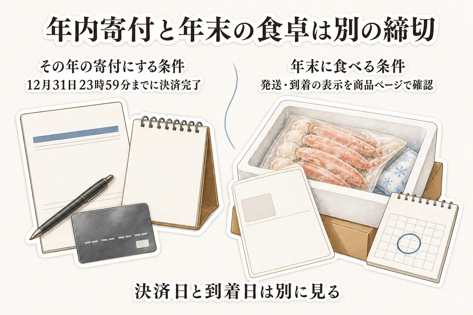 年内寄付と年末に食べるための締切を分けて示す図。年内の寄付にするには12月31日23時59分までに決済を完了し、年末に食べるには商品ページで発送・到着の表示を確認する。決済日と到着日は別に見ることを示している