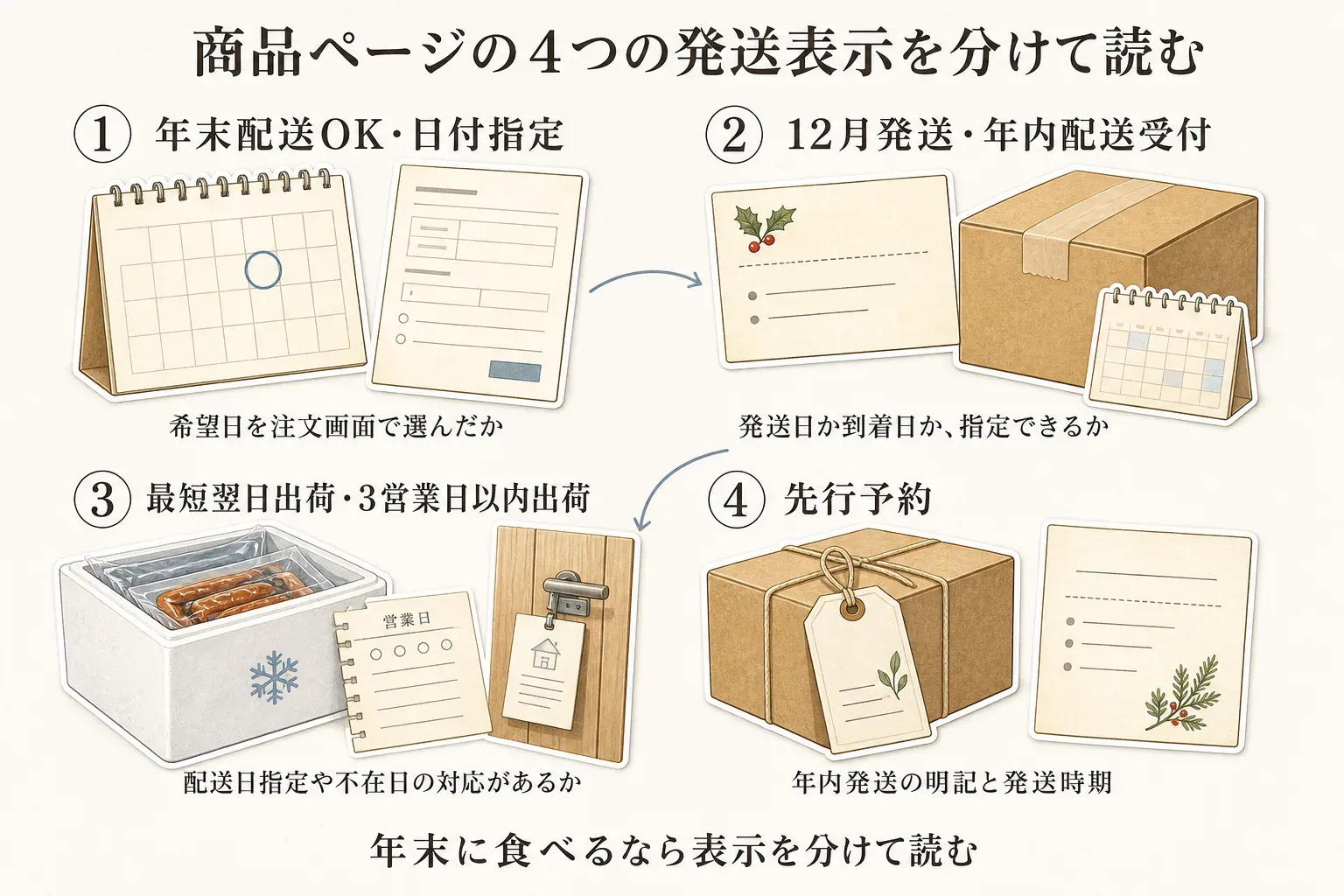 商品ページの4つの発送表示を読み分ける図。年末配送OK・日付指定は注文画面で希望日を選んだか、12月発送・年内配送受付は発送日か到着日かと指定可否、最短翌日出荷・3営業日以内出荷は配送日指定や不在日対応、先行予約は年内発送の明記と発送時期を確認する