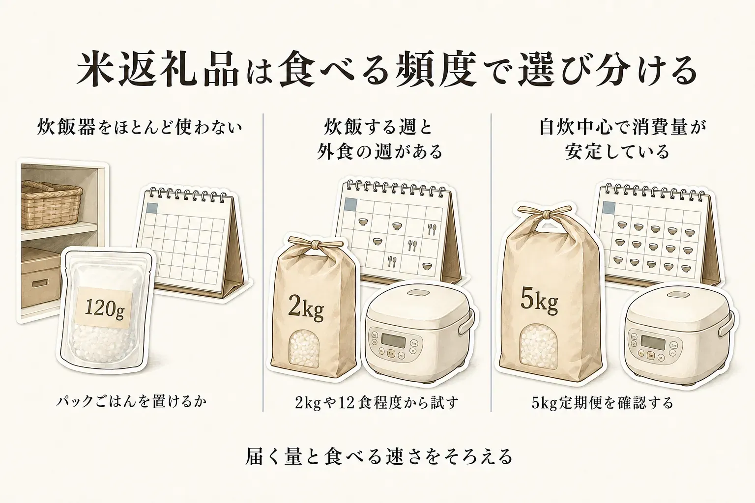 米返礼品を食べる頻度で選び分ける図。炊飯器をほとんど使わない人は120gのパックごはんを置けるか、炊飯する週と外食の週がある人は2kgや12食程度から試すか、自炊中心で消費量が安定している人は5kg定期便を確認するかを示し、届く量と食べる速さをそろえるよう案内している