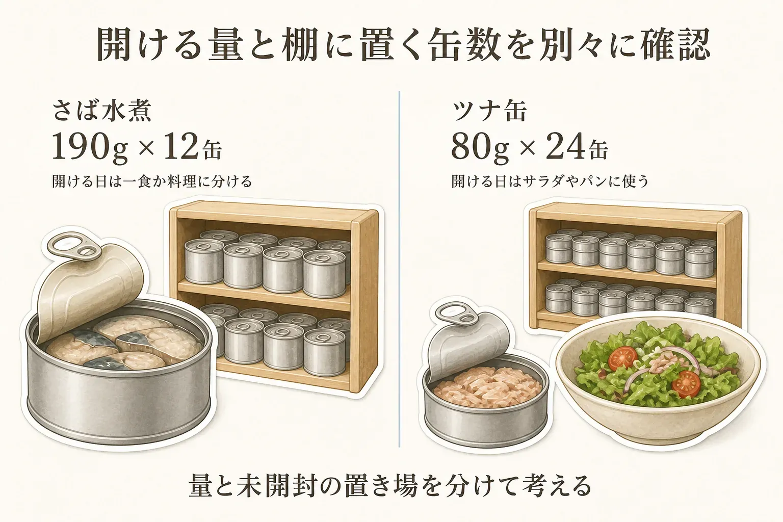 開封する量と棚に置く缶数を別々に確認する図。さば水煮は190gを12缶で、開ける日は一食で食べるか料理に分けるかを考え、ツナ缶は80gを24缶で、開ける日はサラダやパンに使う例を示し、未開封の缶を置く棚の必要量も比較している