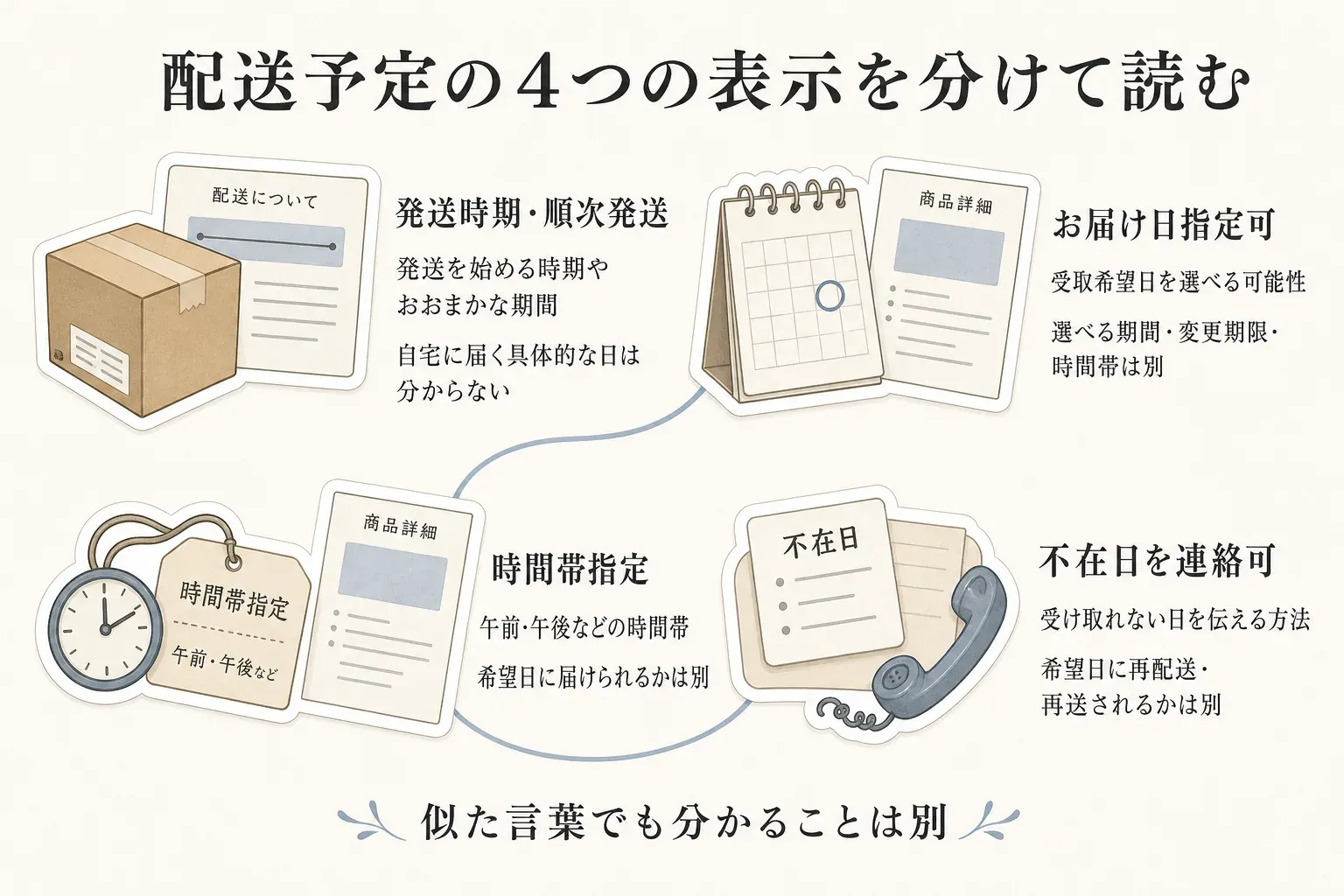 返礼品ページの配送表示を読み分ける図。発送時期・順次発送は発送開始時期やおおまかな期間、お届け日指定可は希望日を選べる可能性、時間帯指定は午前・午後などの時間帯、不在日を連絡可は受け取れない日を伝える方法を示し、それぞれで分からない条件も併せて確認する