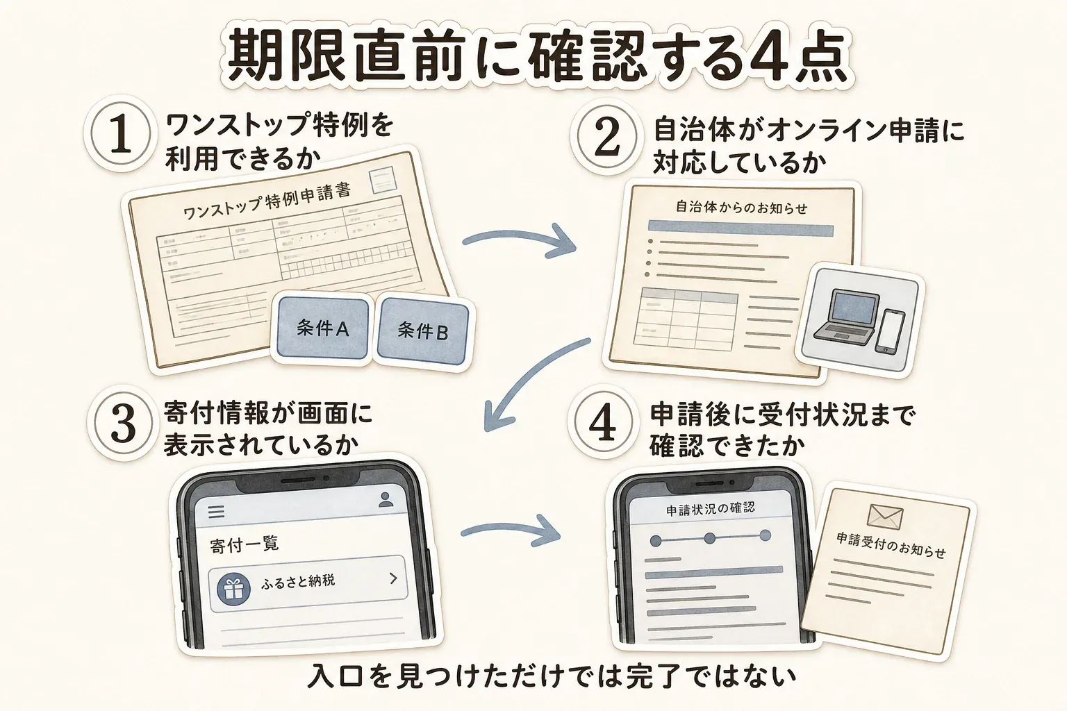 ワンストップ特例のオンライン申請が期限に間に合うか確認する4項目。ワンストップ特例を利用できるか、寄付先自治体がオンライン申請に対応しているか、寄付情報がサービスに表示されているか、申請後に受付状況まで確認できたかを順に確認する