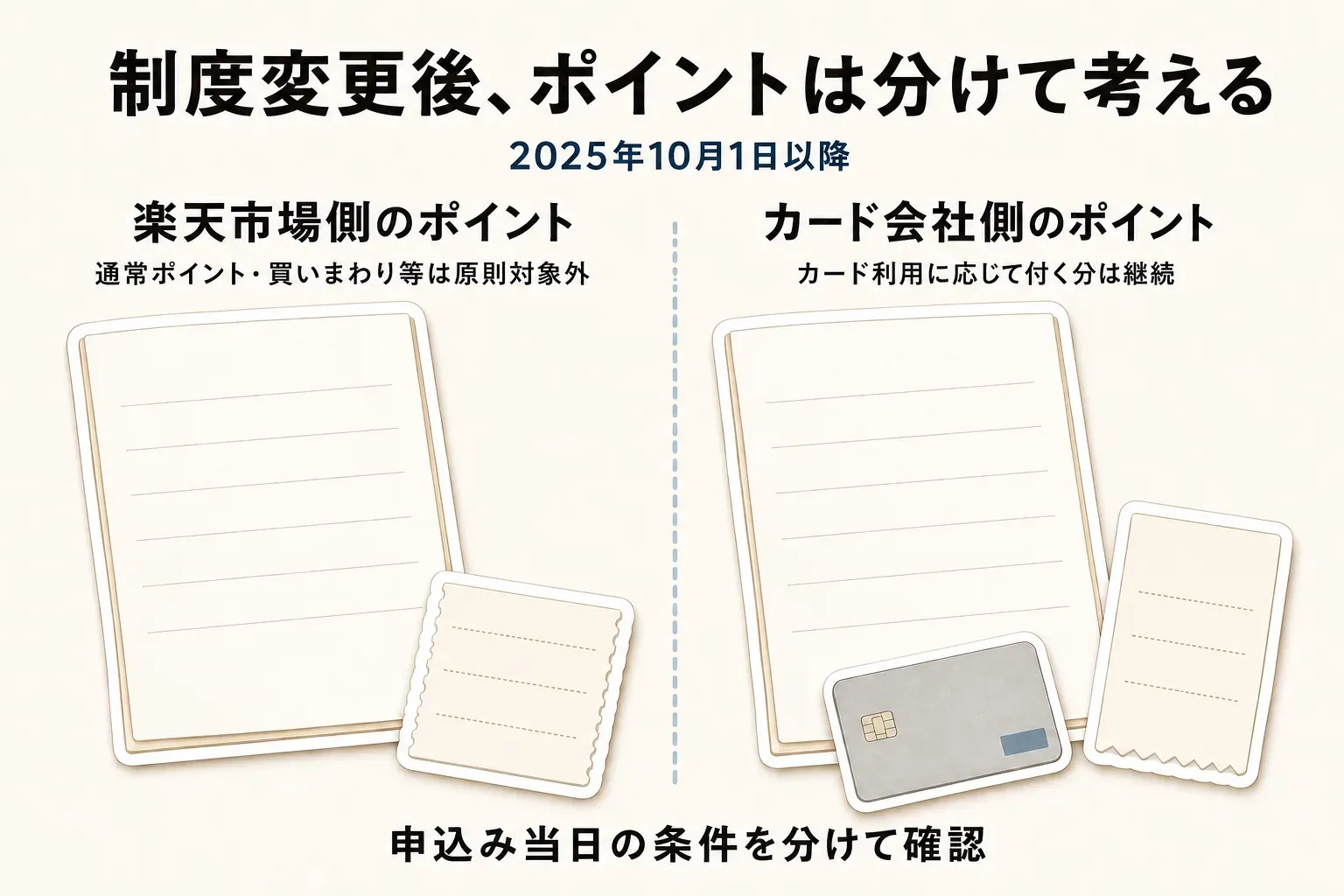 2025年10月1日以降の楽天ふるさと納税のポイントルール。楽天市場側の通常ポイント、買いまわり、全ショップ対象キャンペーン、SPU特典は原則対象外で、クレジットカード会社がカード利用に応じて付けるポイントは継続することを対比した図。出典：楽天ふるさと納税のポイント付与ルール変更のお知らせ、FAQ