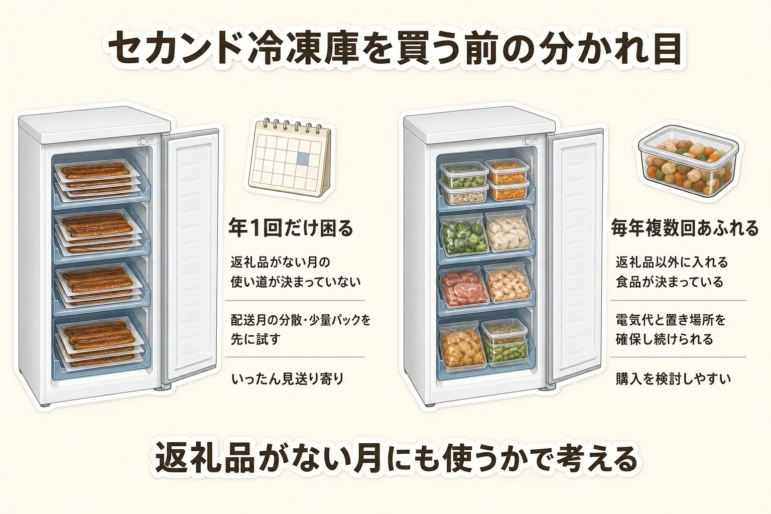 年1回だけ困るなら配送月を分散し、毎年複数回あふれ普段も使うなら購入を検討する比較