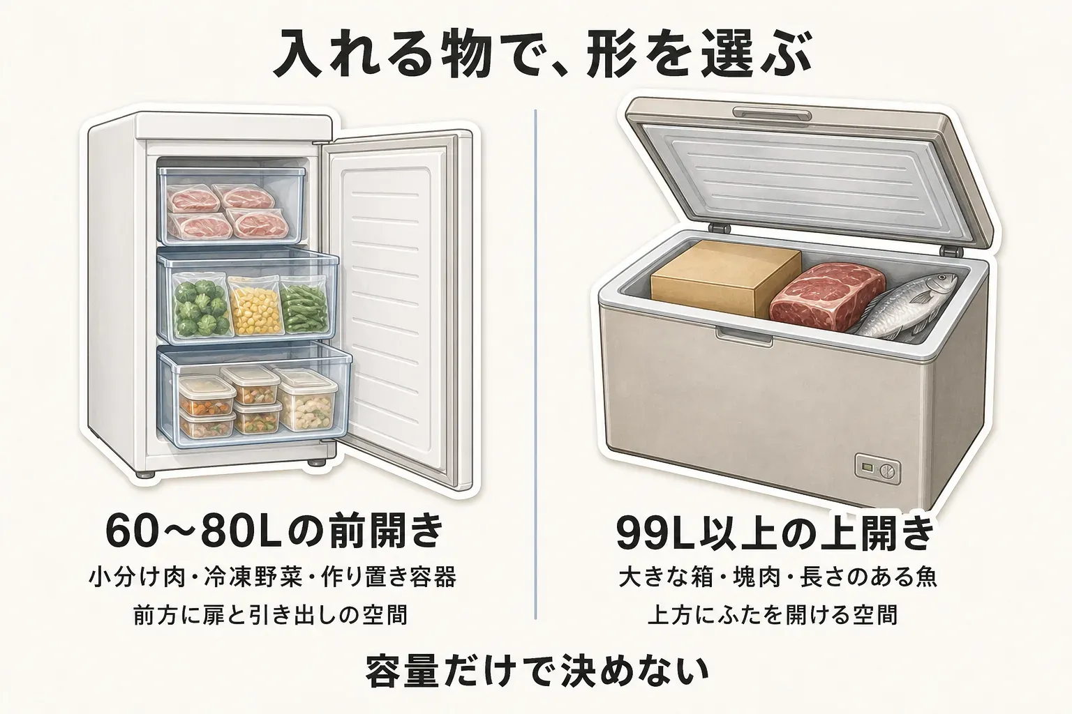 60〜80Lの前開きには小分け肉・冷凍野菜・作り置き容器を引き出しに整理し、前方に扉と引き出しの空間が必要なこと、99L以上の上開きには大きな箱・塊肉・長さのある魚を入れ、上方にふたを開ける空間が必要なことを比較した図