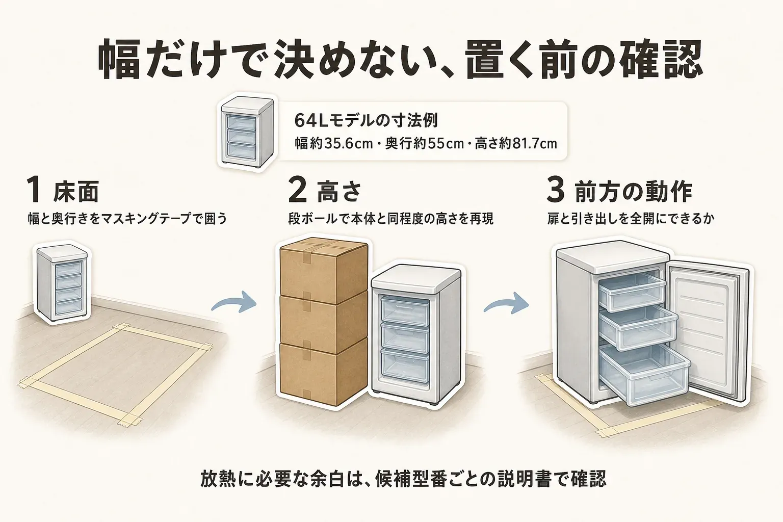 幅約35.6cm・奥行約55cm・高さ約81.7cmの64L前開き冷凍庫の寸法例をもとに、床面をマスキングテープで囲い、段ボールで高さを再現し、前方で扉と引き出しを全開にできるかを確認する設置前チェック図。放熱に必要な余白は候補型番ごとの説明書で確認する