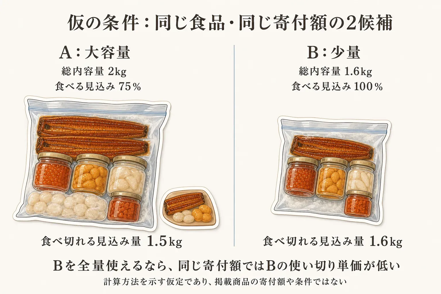 同じ食品・同じ寄付額という仮の条件で、大容量Aは総内容量2kg・消費見込み75％・食べ切れる見込み量1.5kg、少量Bは総内容量1.6kg・消費見込み100％・食べ切れる見込み量1.6kgを比較し、Bを全量使えるならBの使い切り単価が低いことを示す図。掲載商品の寄付額や条件ではない